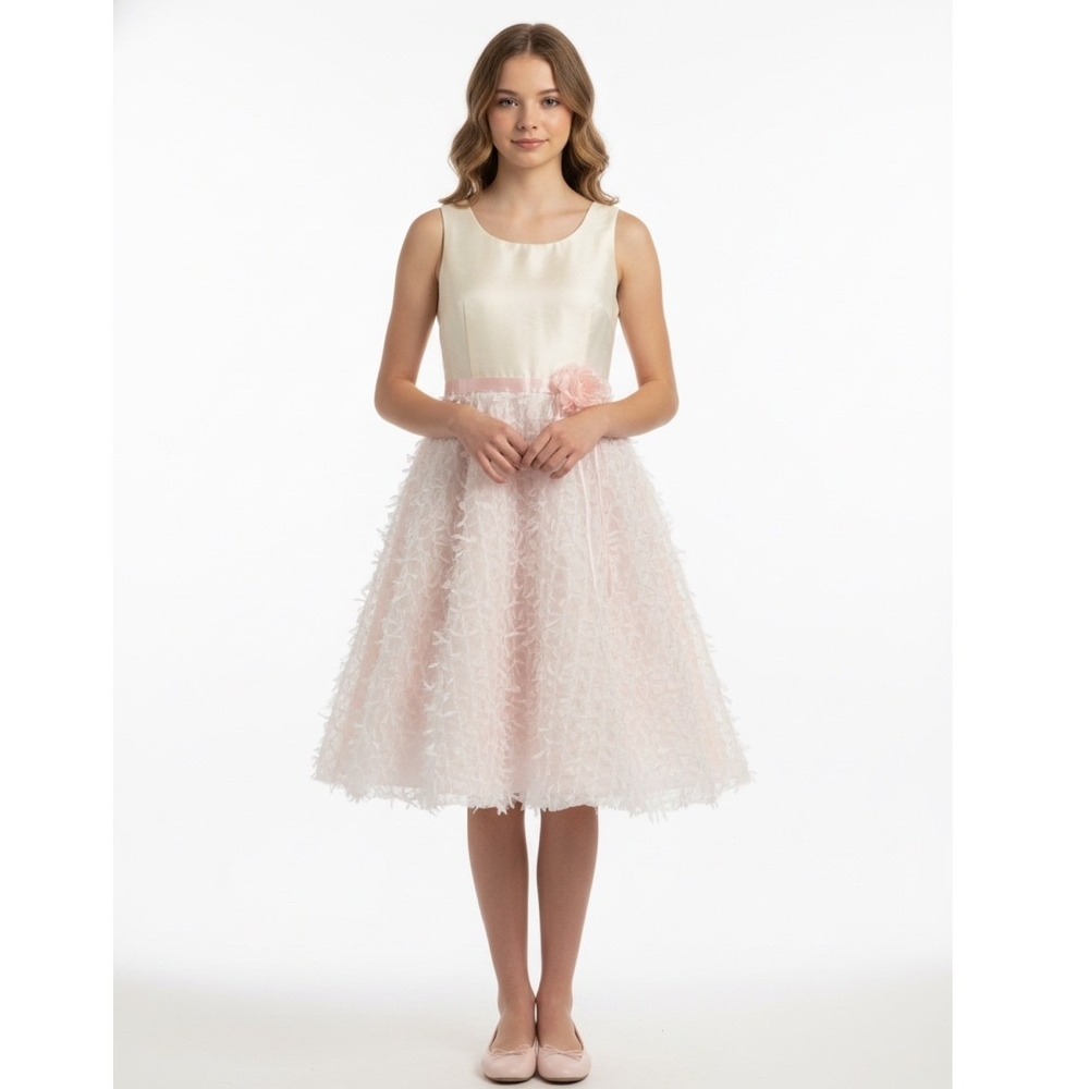 Le Pink Girls‎ Silk & Eyelash Fringe Party Dress Pink Cream Flower Girl 12 NWT
